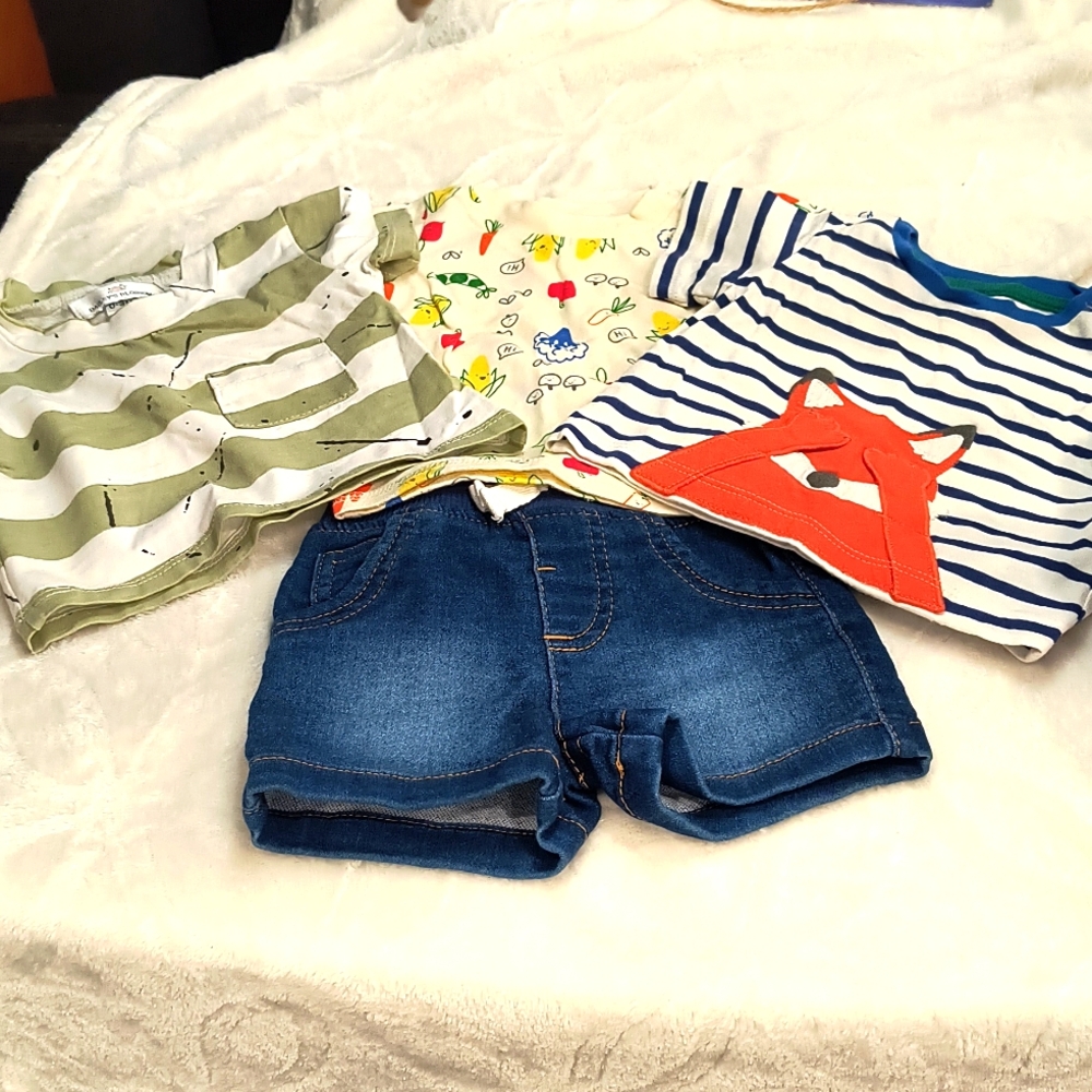 Bundle of baby unisex 3 tees and shorts, 0-3 months, EUC